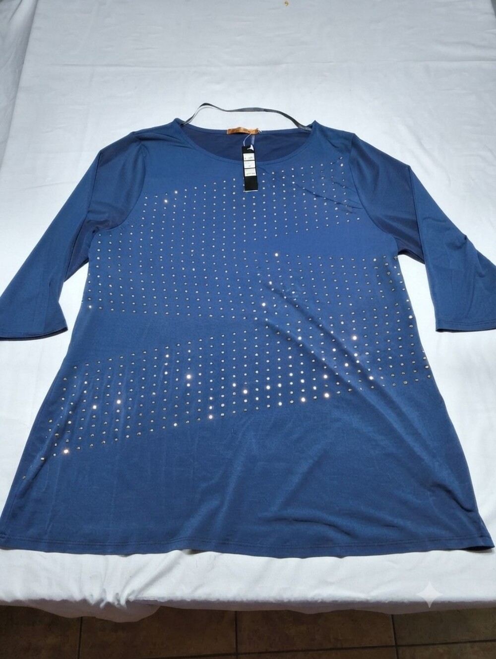 Bellini Women's Navy/Gold Rhinestone Knit Scoop Neck Top 3/4 Sleeve 2X K157208X